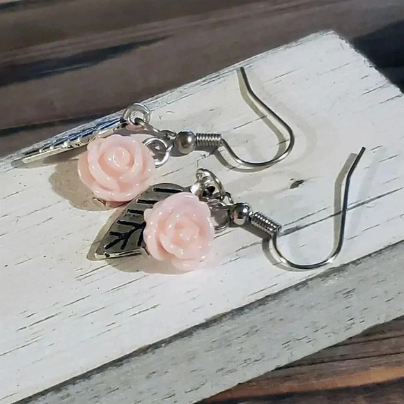Handcrafted Antique Silver Leaf Light Pink Lucite Rose Dangle Earrings - Picture 1 of 8